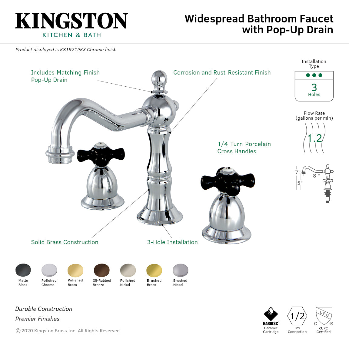 Kingston Heirloom KS1972PKX - Duchess Two-Handle 3-Hole Deck Mount Widespread Bathroom Faucet with Brass Pop-Up, Polished Brass — thumbnail 3